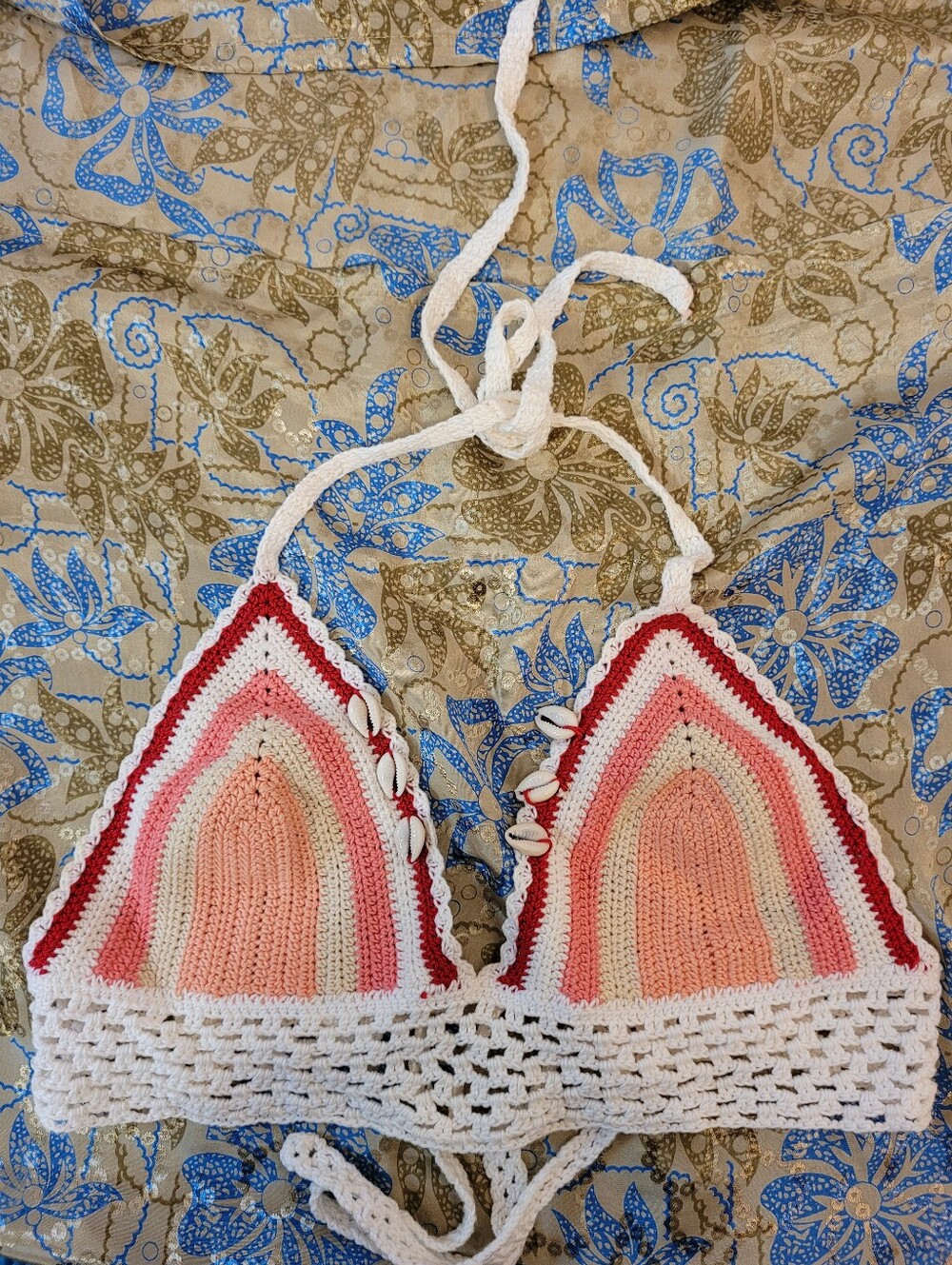 Handmade Crochet Bikini Top in Pink, Coral, White Shell Boho Top - Size S/M